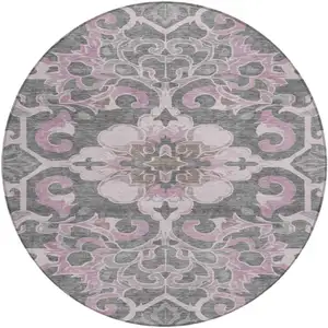 Photo of 8' Pink And Charcoal Round Damask Washable Indoor Outdoor Area Rug