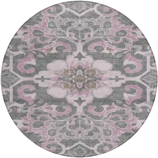 8' Pink And Charcoal Round Damask Washable Indoor Outdoor Area Rug Photo 1