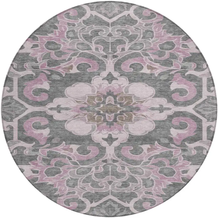 8' Pink And Charcoal Round Damask Washable Indoor Outdoor Area Rug Photo 1