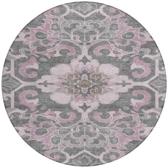 8' Pink And Charcoal Round Damask Washable Indoor Outdoor Area Rug Photo 3
