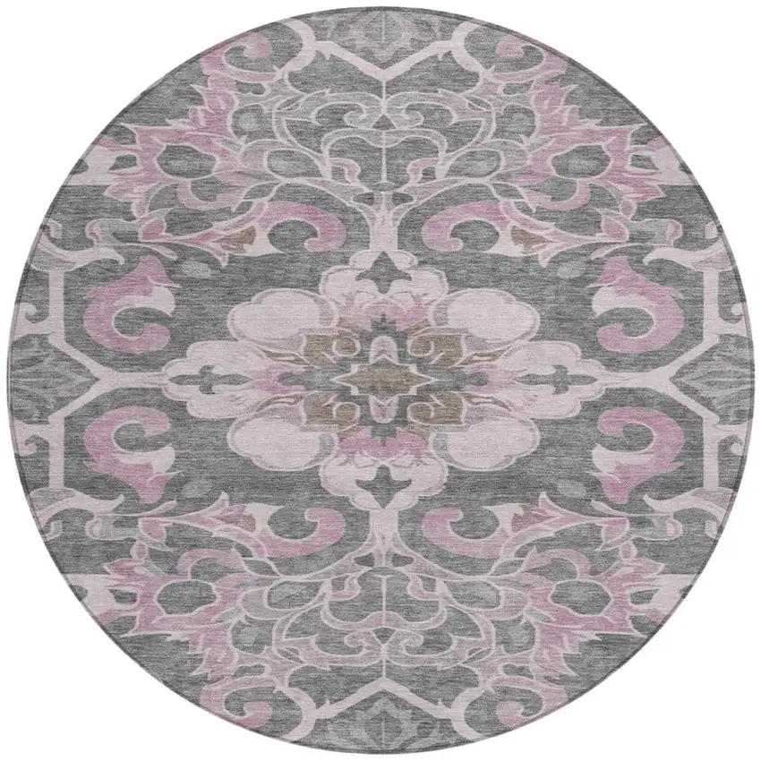 8' Pink And Charcoal Round Damask Washable Indoor Outdoor Area Rug Photo 3