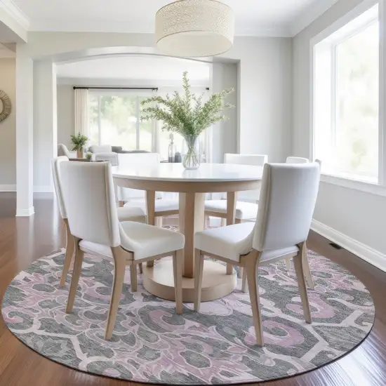8' Pink And Charcoal Round Damask Washable Indoor Outdoor Area Rug Photo 6