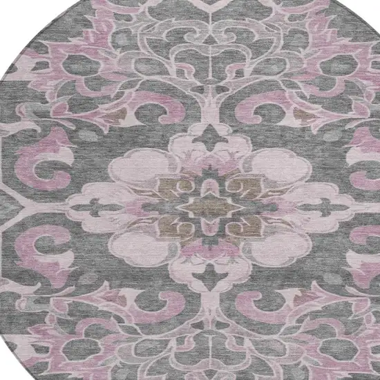 8' Pink And Charcoal Round Damask Washable Indoor Outdoor Area Rug Photo 8