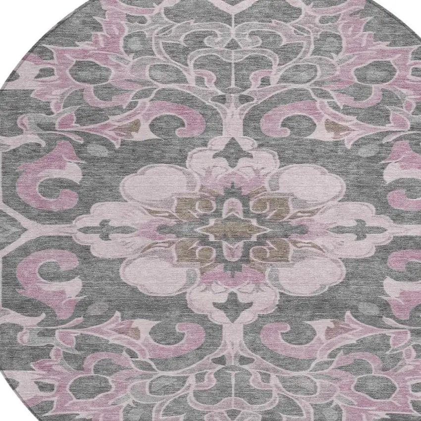 8' Pink And Charcoal Round Damask Washable Indoor Outdoor Area Rug Photo 8