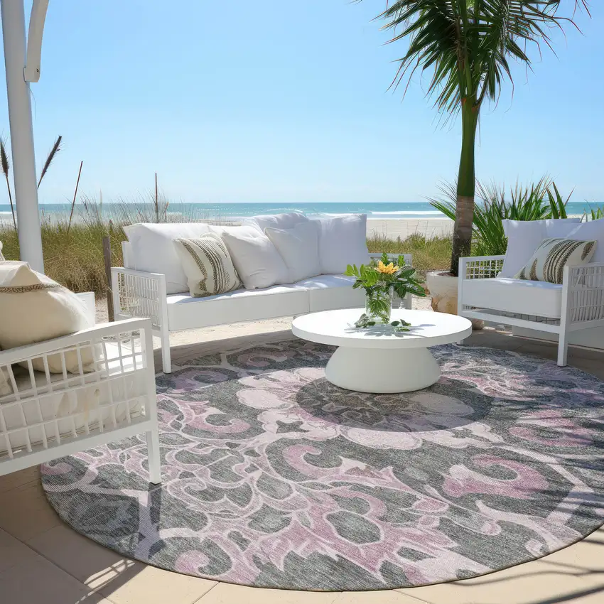 8' Pink And Charcoal Round Damask Washable Indoor Outdoor Area Rug Photo 5