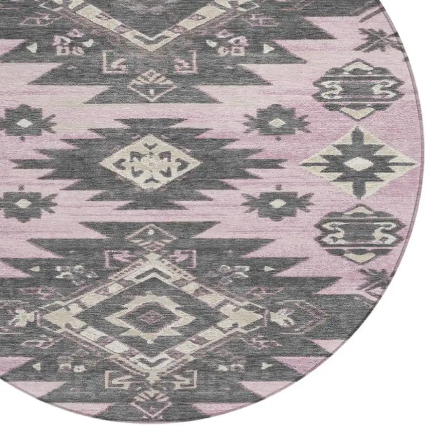 8' Pink And Charcoal Round Tribal Washable Indoor Outdoor Area Rug Photo 4