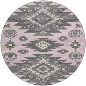 Photo of 8' Pink And Charcoal Round Tribal Washable Indoor Outdoor Area Rug
