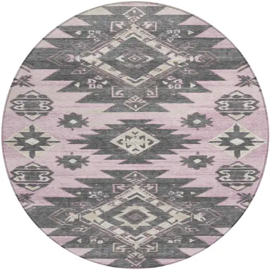 8' Pink And Charcoal Round Tribal Washable Indoor Outdoor Area Rug Photo 1