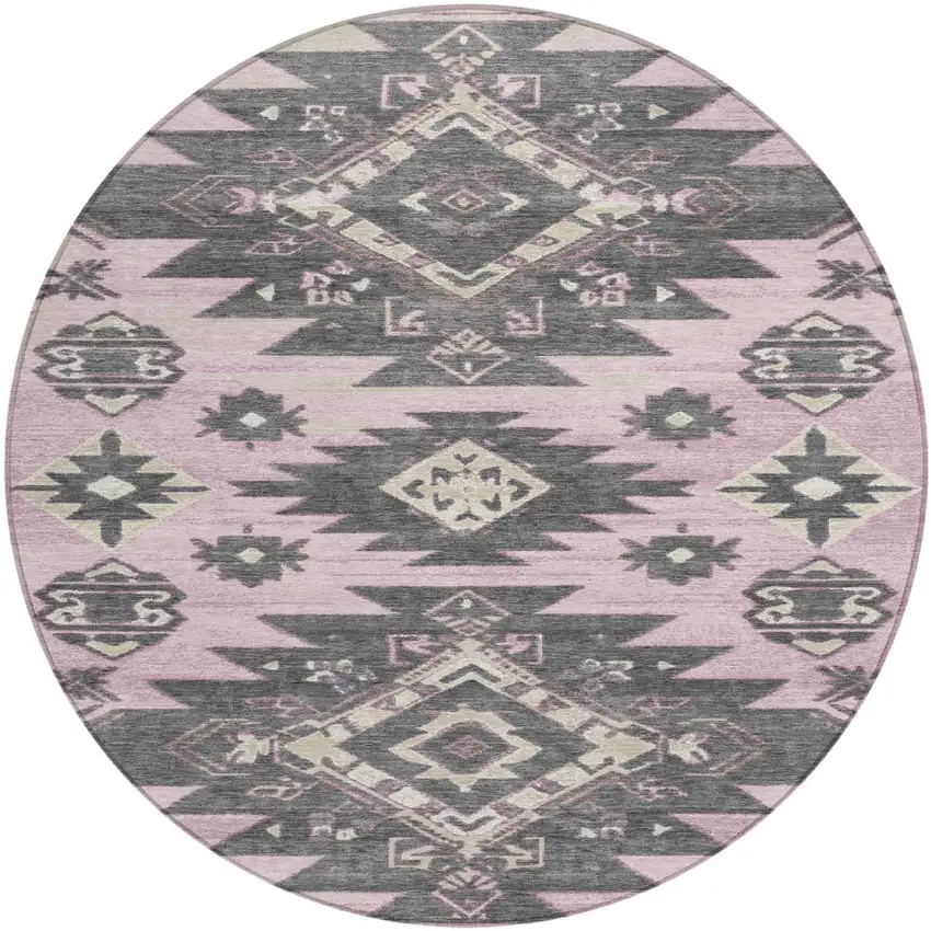 8' Pink And Charcoal Round Tribal Washable Indoor Outdoor Area Rug Photo 1