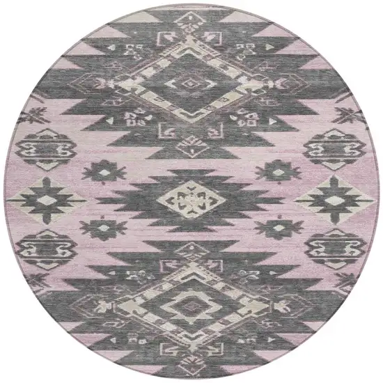 8' Pink And Charcoal Round Tribal Washable Indoor Outdoor Area Rug Photo 3