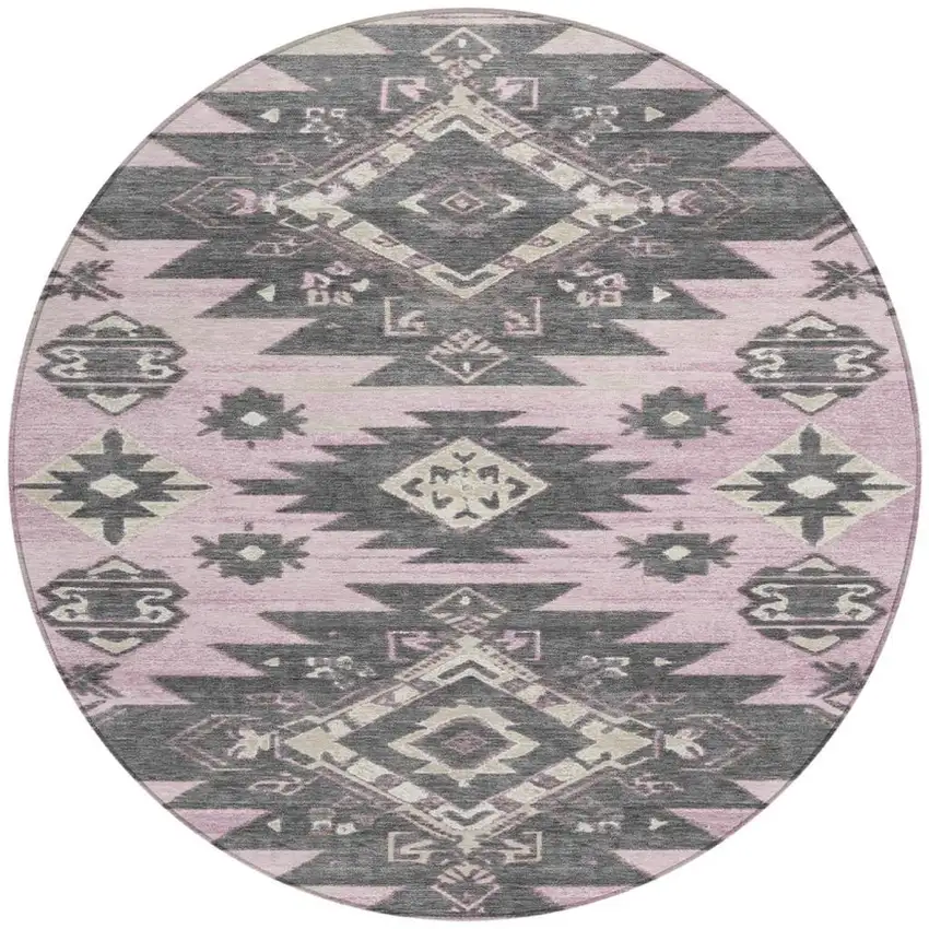 8' Pink And Charcoal Round Tribal Washable Indoor Outdoor Area Rug Photo 3