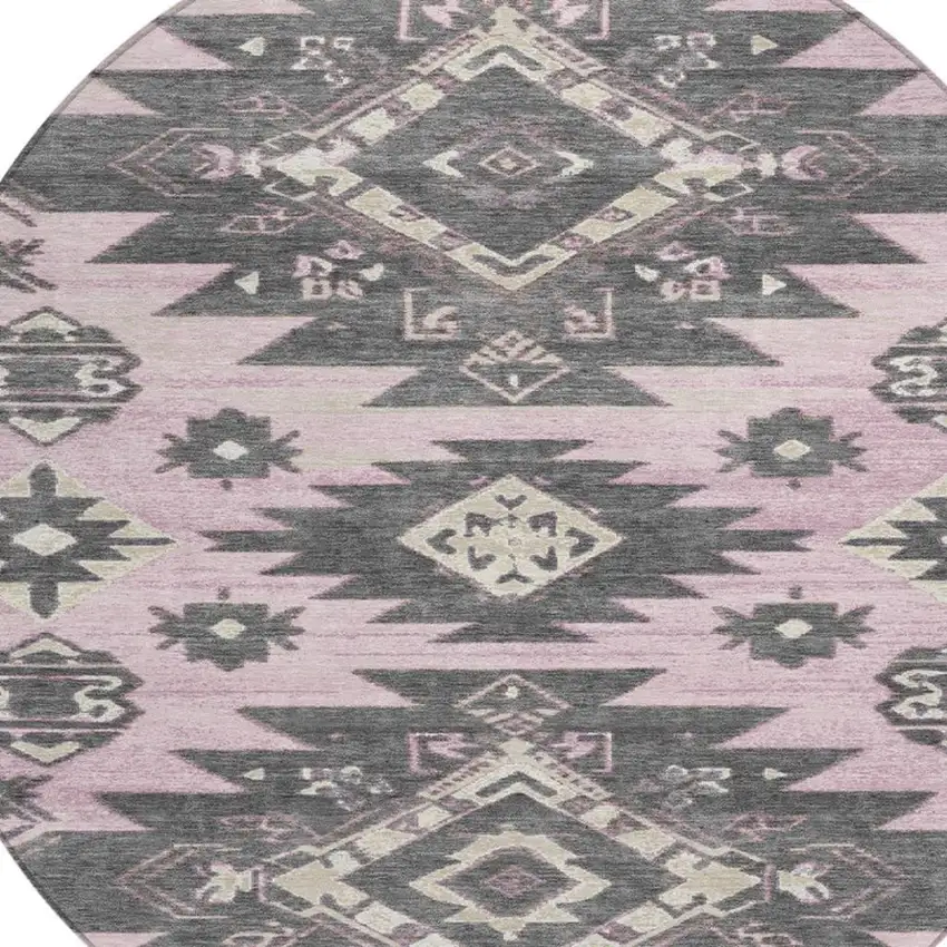 8' Pink And Charcoal Round Tribal Washable Indoor Outdoor Area Rug Photo 8