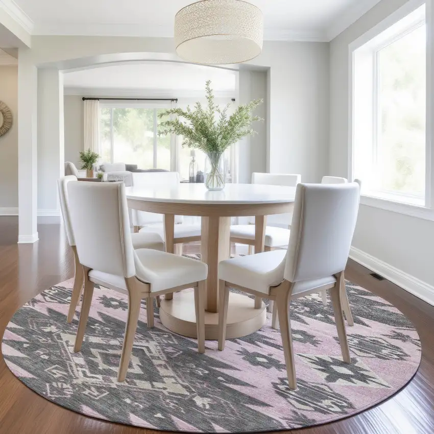 8' Pink And Charcoal Round Tribal Washable Indoor Outdoor Area Rug Photo 6