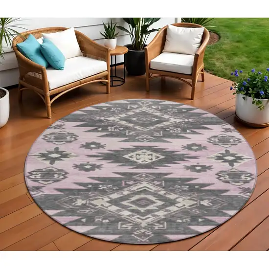 8' Pink And Charcoal Round Tribal Washable Indoor Outdoor Area Rug Photo 2