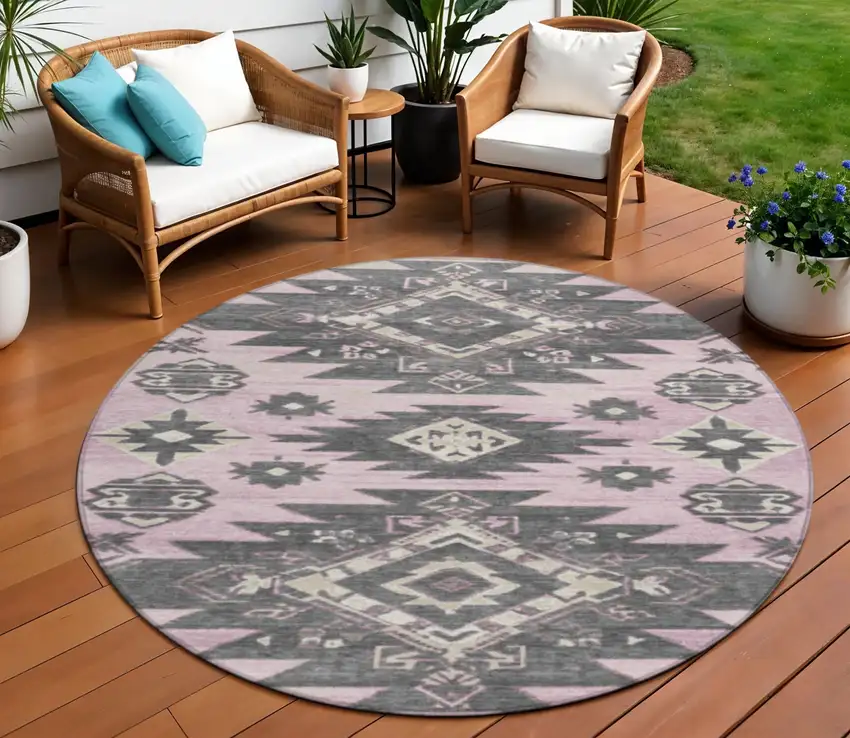 8' Pink And Charcoal Round Tribal Washable Indoor Outdoor Area Rug Photo 2