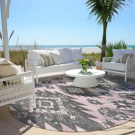 8' Pink And Charcoal Round Tribal Washable Indoor Outdoor Area Rug Photo 5