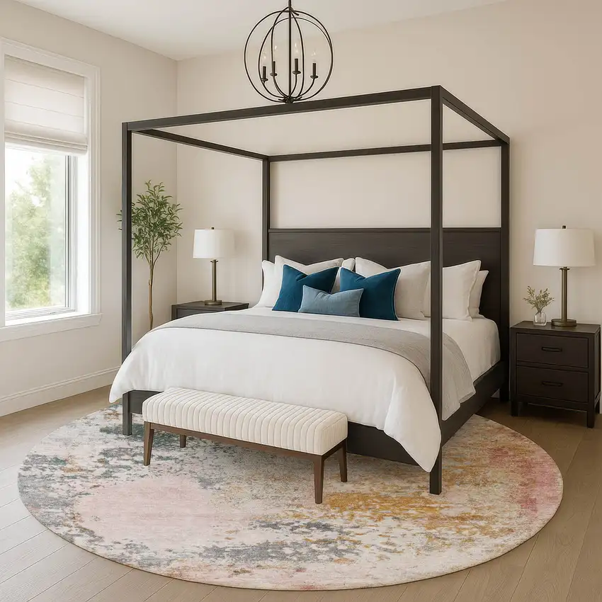 8' Pink And Copper Abstract Washable Round Rug With UV Protection Photo 5