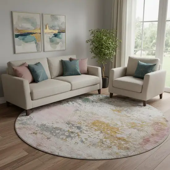 8' Pink And Copper Abstract Washable Round Rug With UV Protection Photo 2