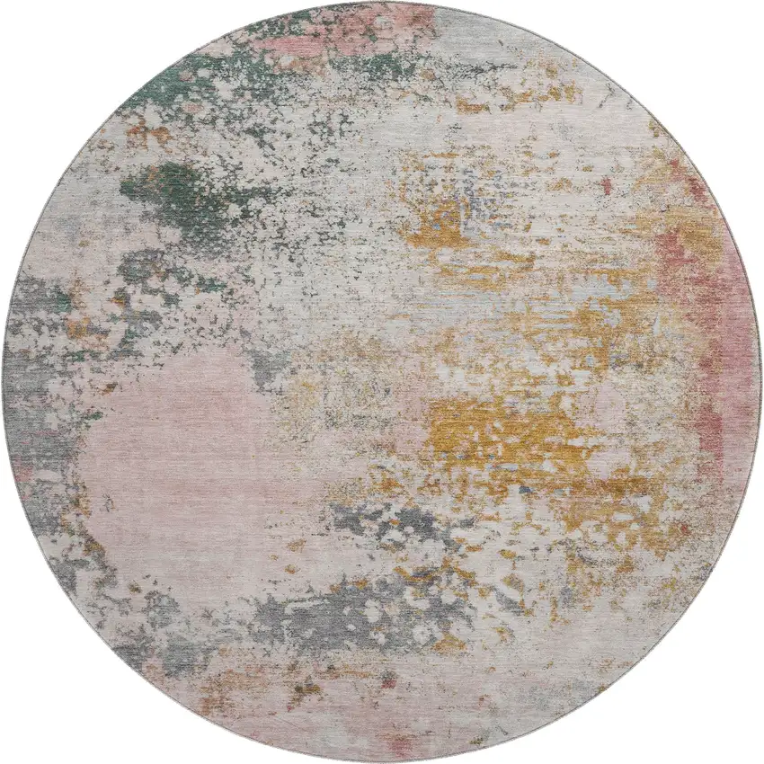 8' Pink And Copper Abstract Washable Round Rug With UV Protection Photo 2