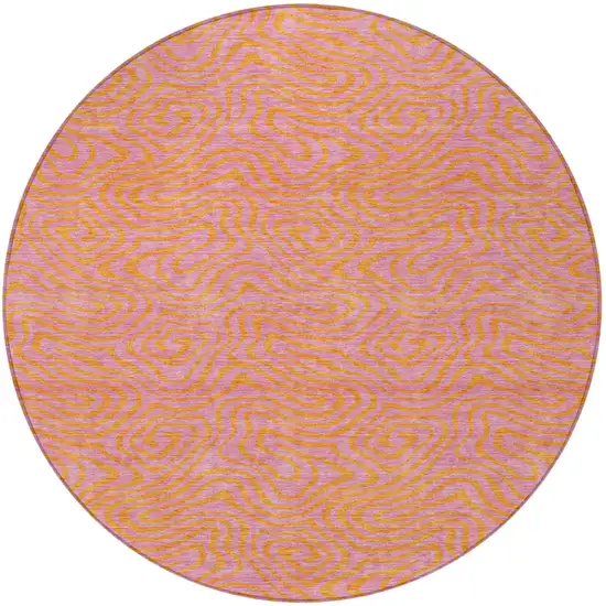 8' Pink And Copper Round Abstract Washable Indoor Outdoor Area Rug Photo 6