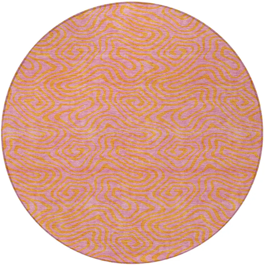 8' Pink And Copper Round Abstract Washable Indoor Outdoor Area Rug Photo 6