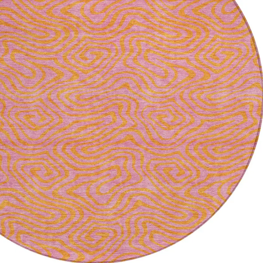 8' Pink And Copper Round Abstract Washable Indoor Outdoor Area Rug Photo 5