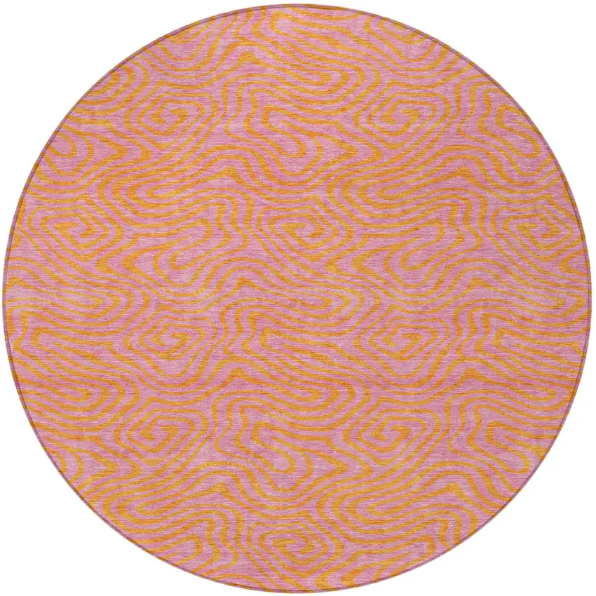 8' Pink And Copper Round Abstract Washable Indoor Outdoor Area Rug Photo 5