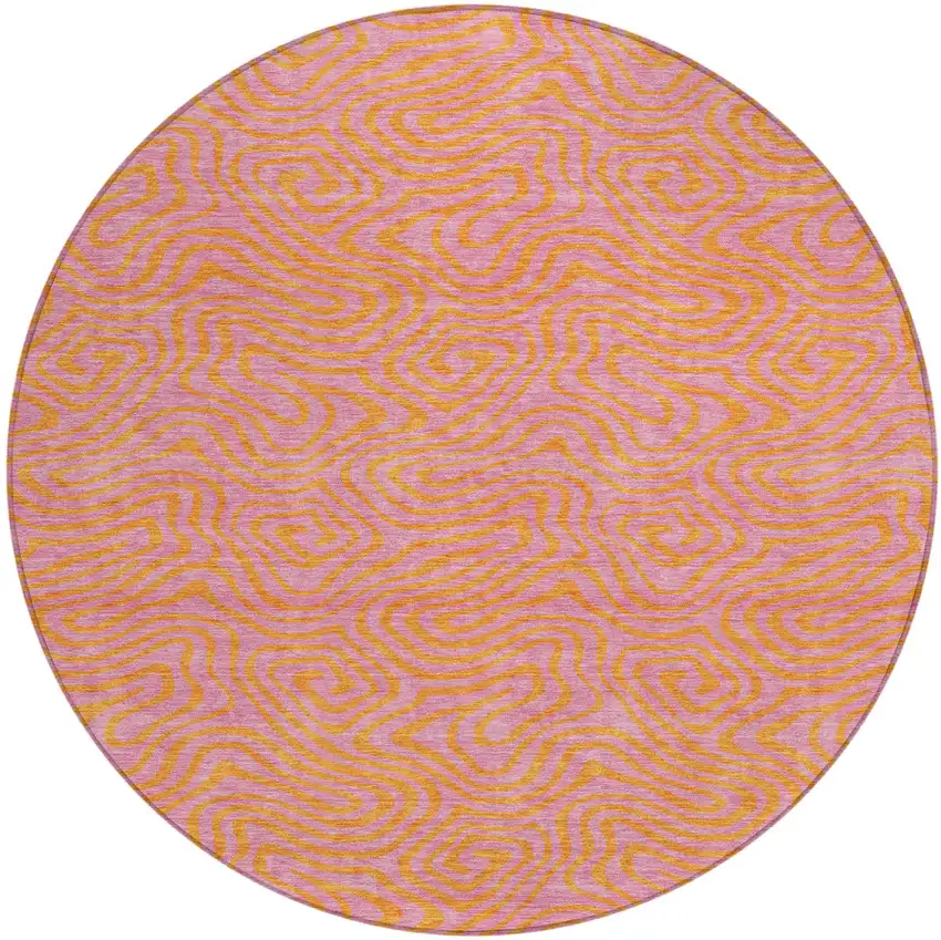 8' Pink And Copper Round Abstract Washable Indoor Outdoor Area Rug Photo 2