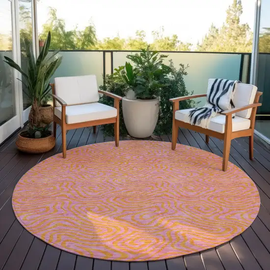 8' Pink And Copper Round Abstract Washable Indoor Outdoor Area Rug Photo 7