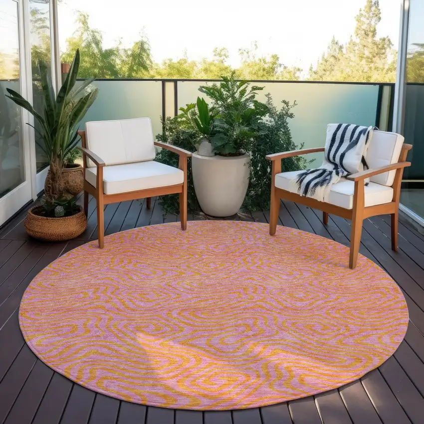 8' Pink And Copper Round Abstract Washable Indoor Outdoor Area Rug Photo 7