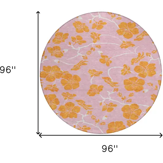 8' Pink And Copper Round Floral Washable Indoor Outdoor Area Rug Photo 3
