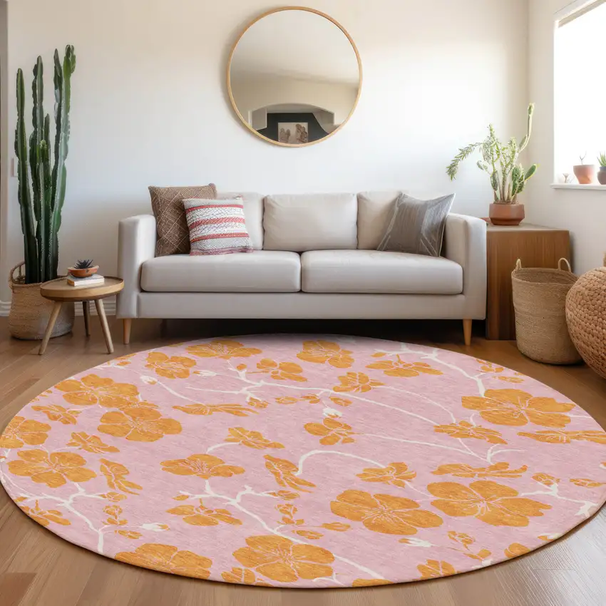 8' Pink And Copper Round Floral Washable Indoor Outdoor Area Rug Photo 8