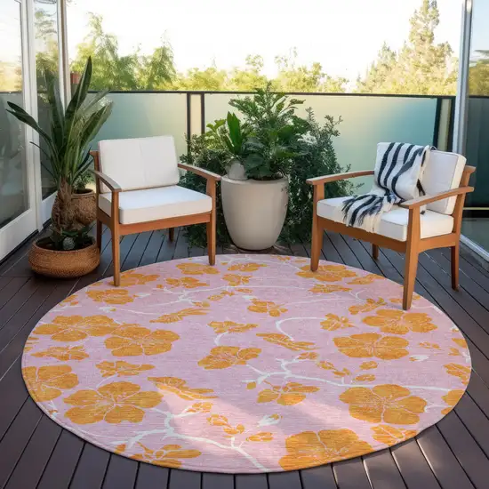 8' Pink And Copper Round Floral Washable Indoor Outdoor Area Rug Photo 7