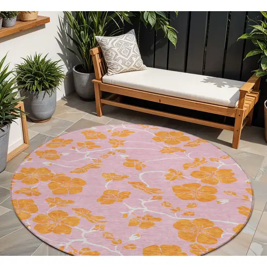 8' Pink And Copper Round Floral Washable Indoor Outdoor Area Rug Photo 1