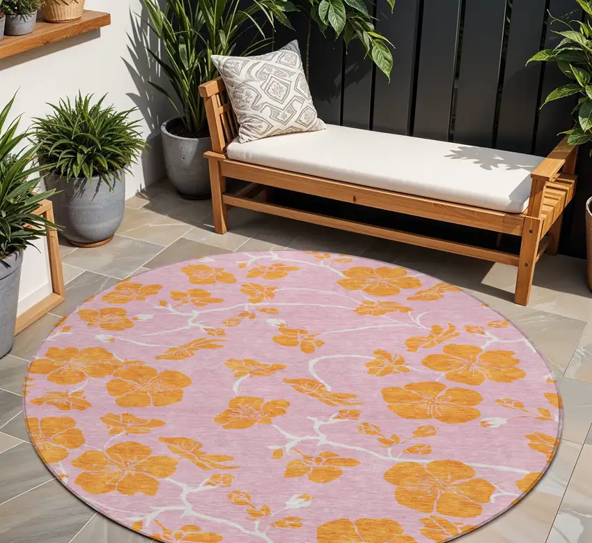8' Pink And Copper Round Floral Washable Indoor Outdoor Area Rug Photo 1