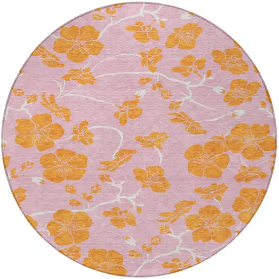 8' Pink And Copper Round Floral Washable Indoor Outdoor Area Rug Photo 6