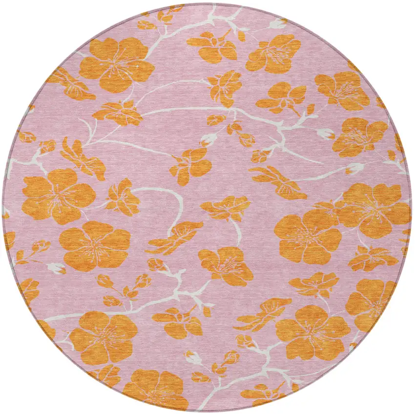 8' Pink And Copper Round Floral Washable Indoor Outdoor Area Rug Photo 6