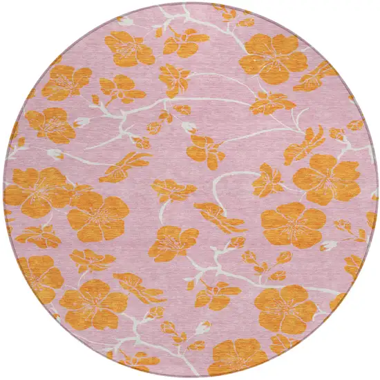 8' Pink And Copper Round Floral Washable Indoor Outdoor Area Rug Photo 2