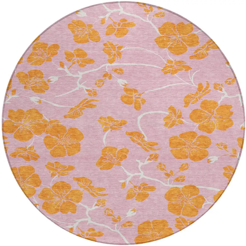 8' Pink And Copper Round Floral Washable Indoor Outdoor Area Rug Photo 2