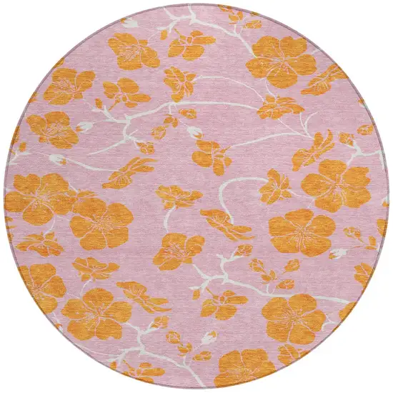 8' Pink And Copper Round Floral Washable Indoor Outdoor Area Rug Photo 5