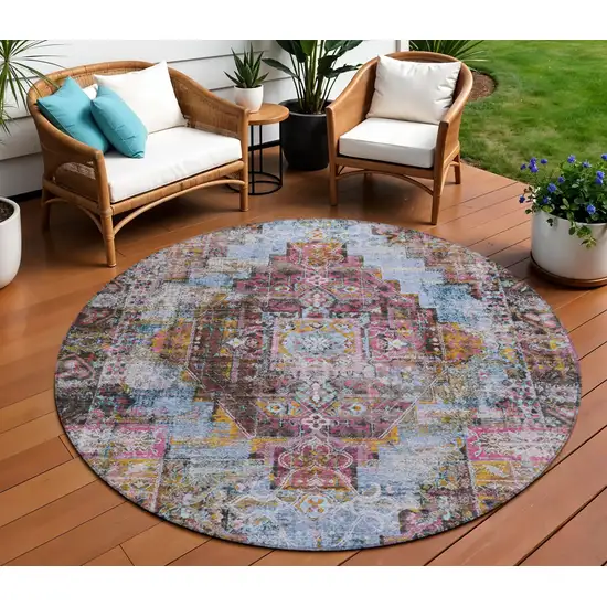 8' Pink And Copper Round Medallion Washable Indoor Outdoor Area Rug Photo 2