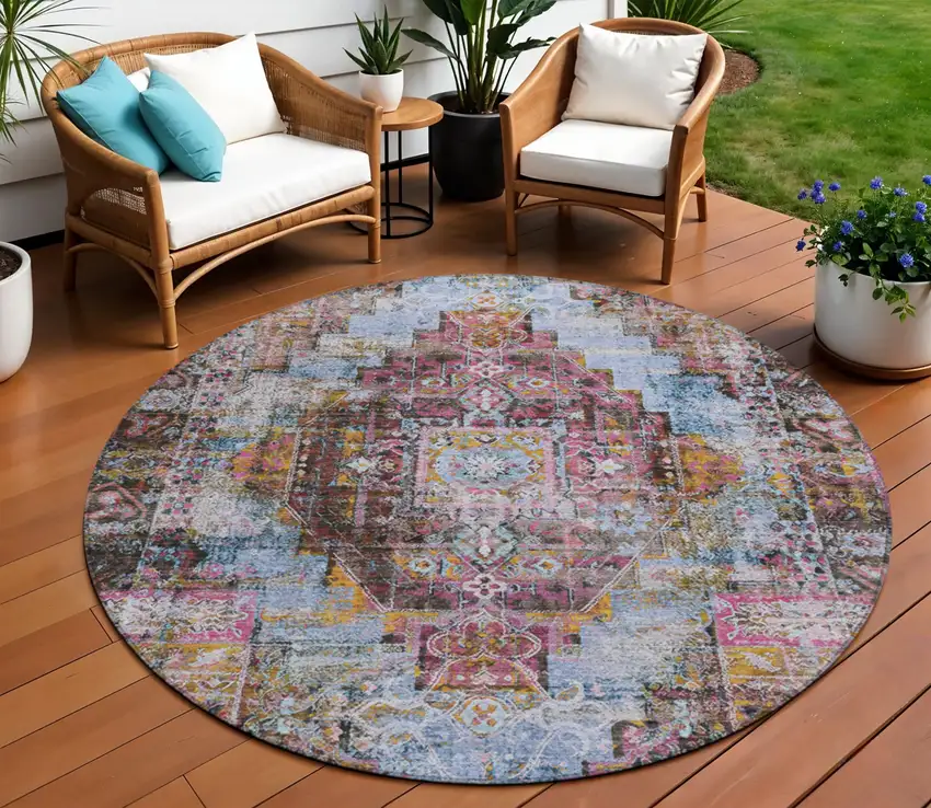 8' Pink And Copper Round Medallion Washable Indoor Outdoor Area Rug Photo 2
