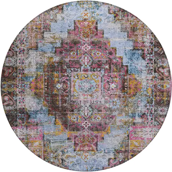 8' Pink And Copper Round Medallion Washable Indoor Outdoor Area Rug Photo 1