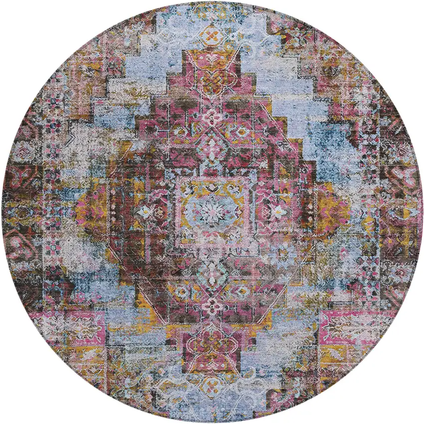 8' Pink And Copper Round Medallion Washable Indoor Outdoor Area Rug Photo 1
