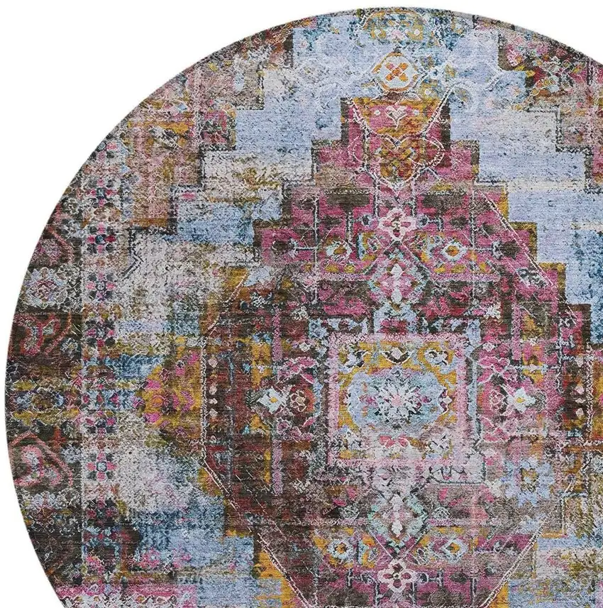 8' Pink And Copper Round Medallion Washable Indoor Outdoor Area Rug Photo 5