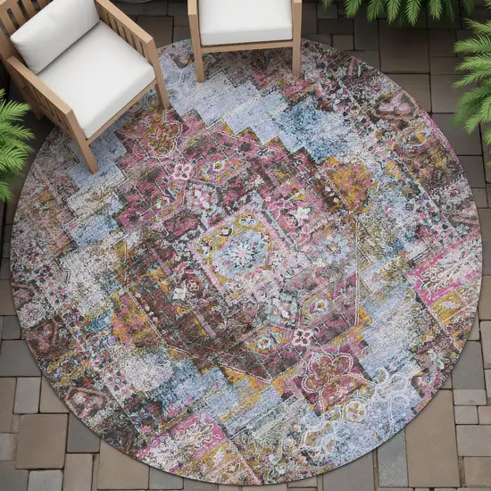 8' Pink And Copper Round Medallion Washable Indoor Outdoor Area Rug Photo 7