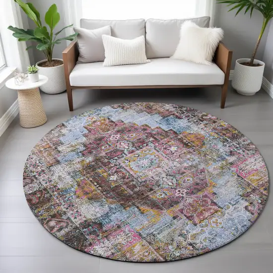 8' Pink And Copper Round Medallion Washable Indoor Outdoor Area Rug Photo 8