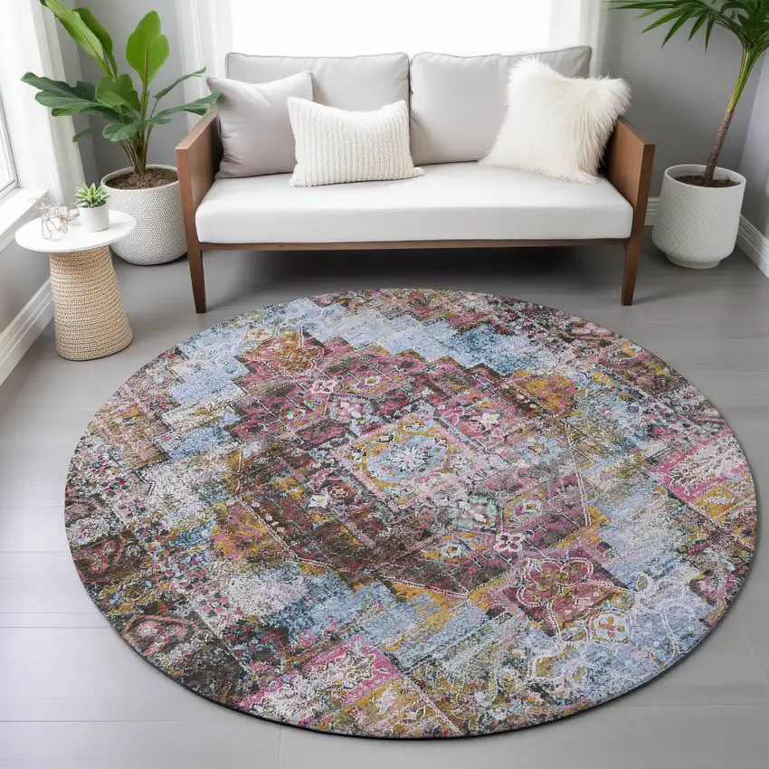 8' Pink And Copper Round Medallion Washable Indoor Outdoor Area Rug Photo 8