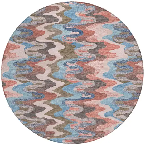 8' Pink And Coral Round Abstract Washable Indoor Outdoor Area Rug Photo 2