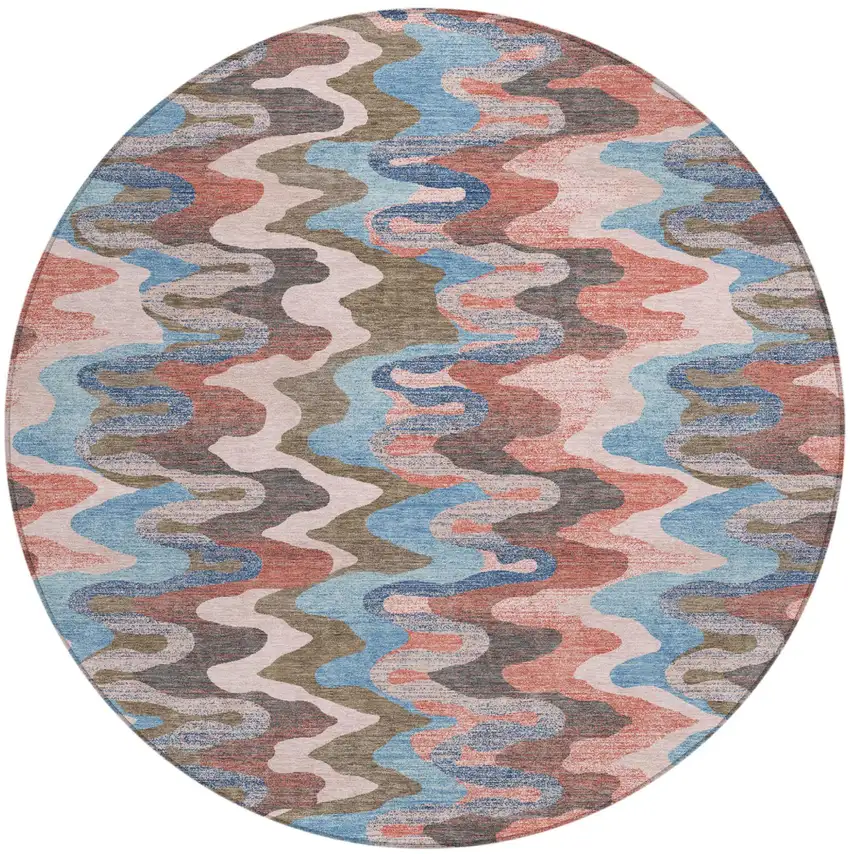 8' Pink And Coral Round Abstract Washable Indoor Outdoor Area Rug Photo 2